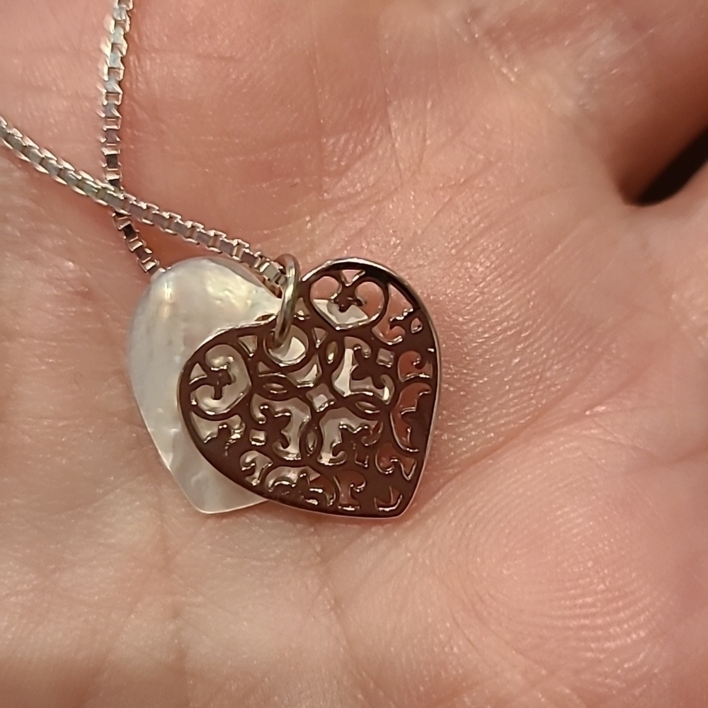 Filigree heart over mother of pearl heart sterling silver necklace - Picture 2 of 8